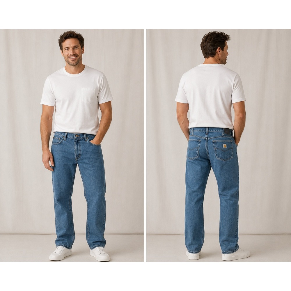 Carhartt Mens Medium Wash Straight Leg Denim Jeans Blue Workwear 46x29